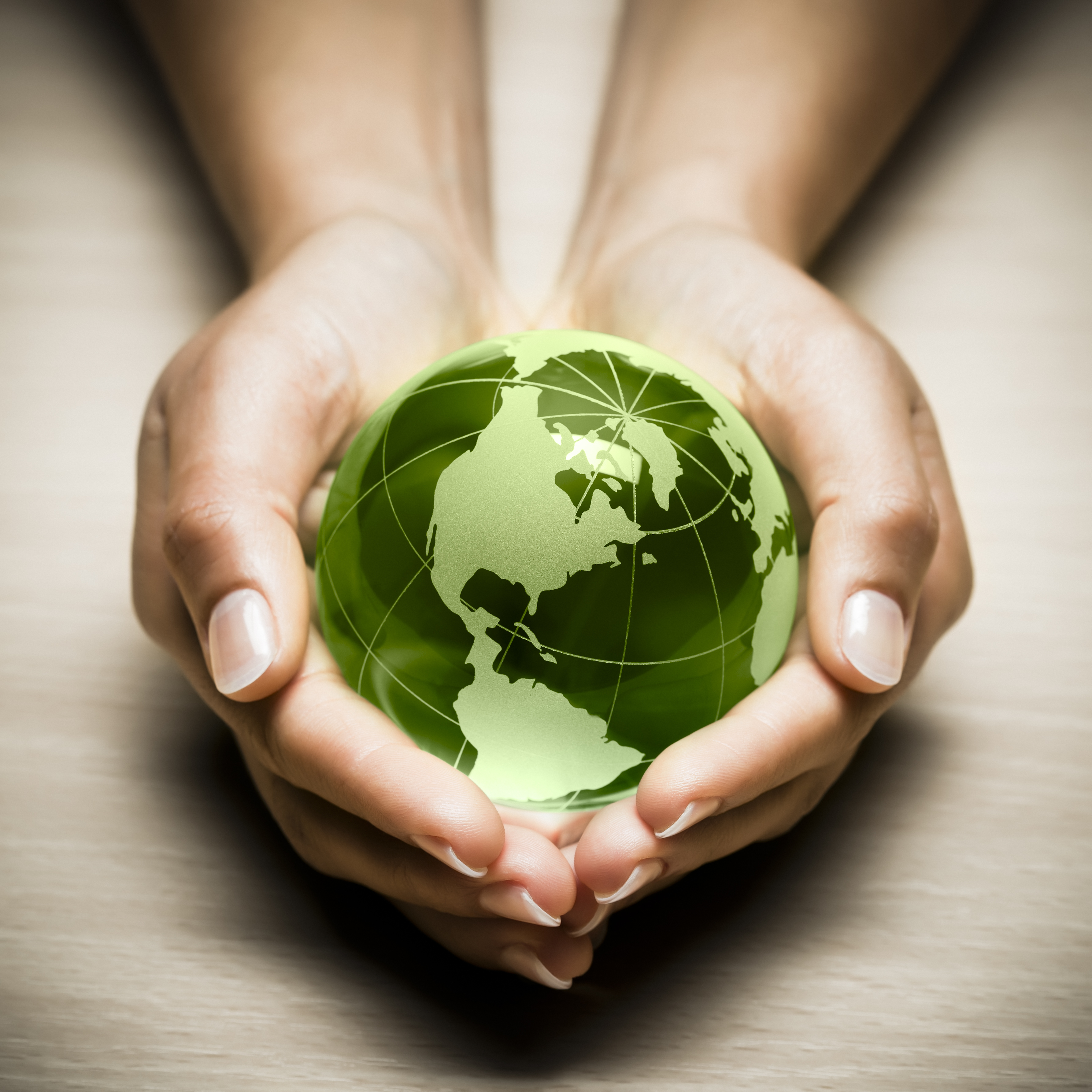 Picture of two hands holding a green globe